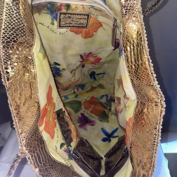 Carlos Falchi Classic Small Shopping Tote Gold Bag Purse Snake Skin Animal Print - Picture 11 of 11